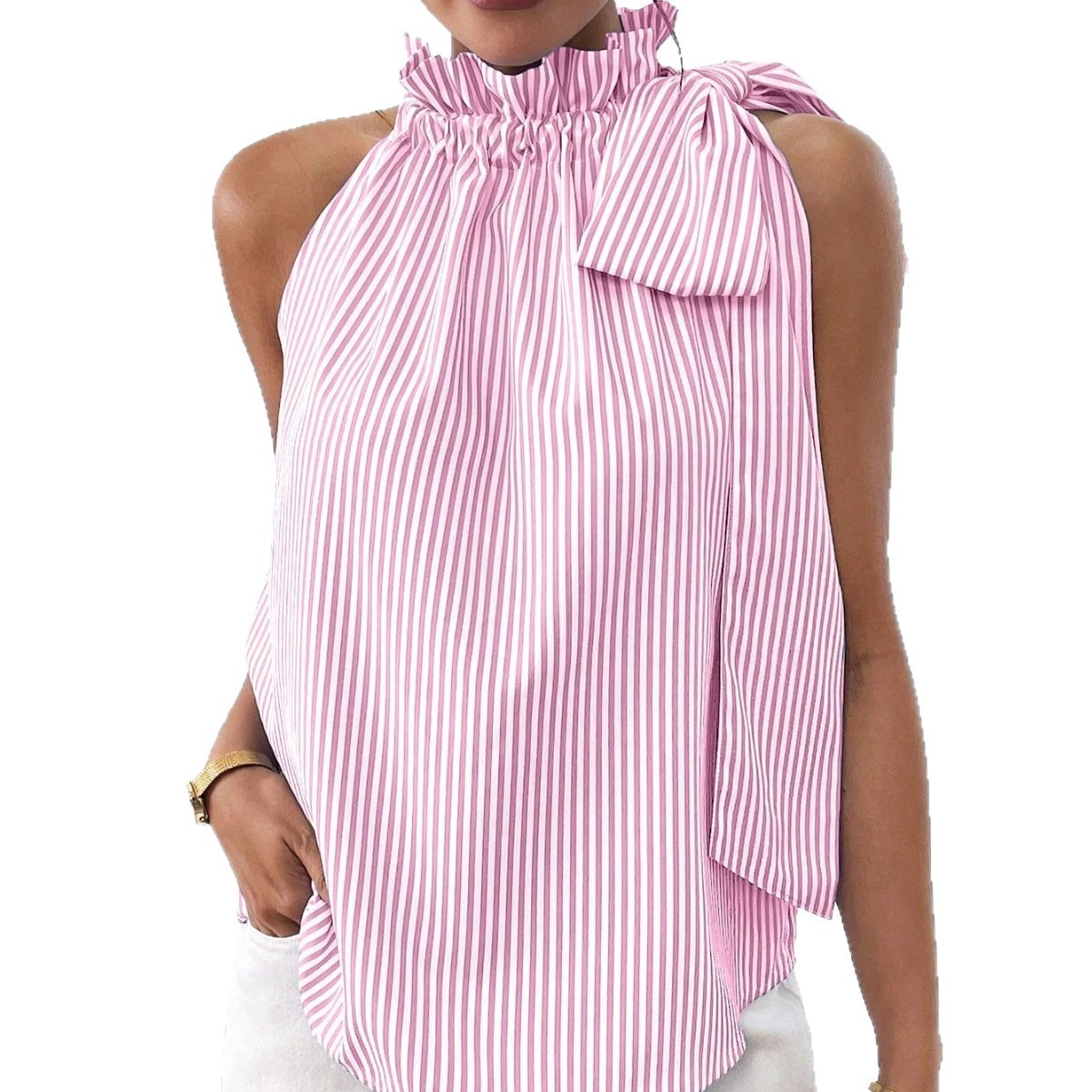 Casual Sleeveless Striped Turtleneck Ladies Top - Image 6