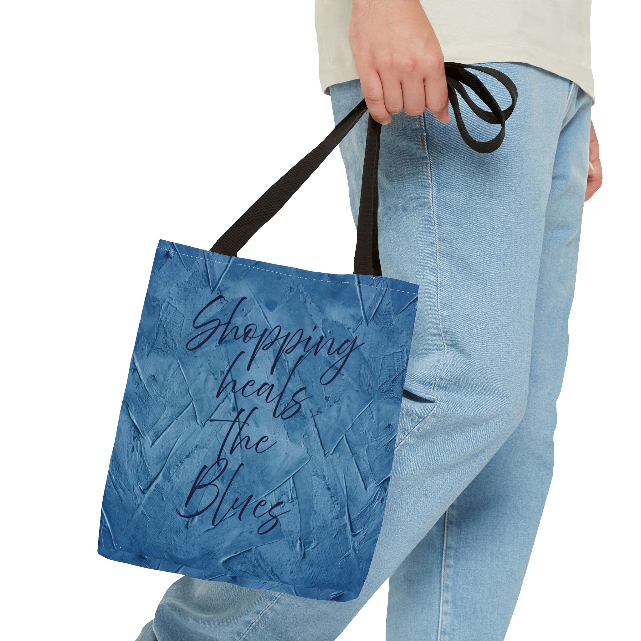 Chic Blue Tote Bag - "Shopping Heals the Blues" Inspirational Quote, Stylish Shopping Tote, Reusable Canvas Bag, Everyday Carry-All - Image 3