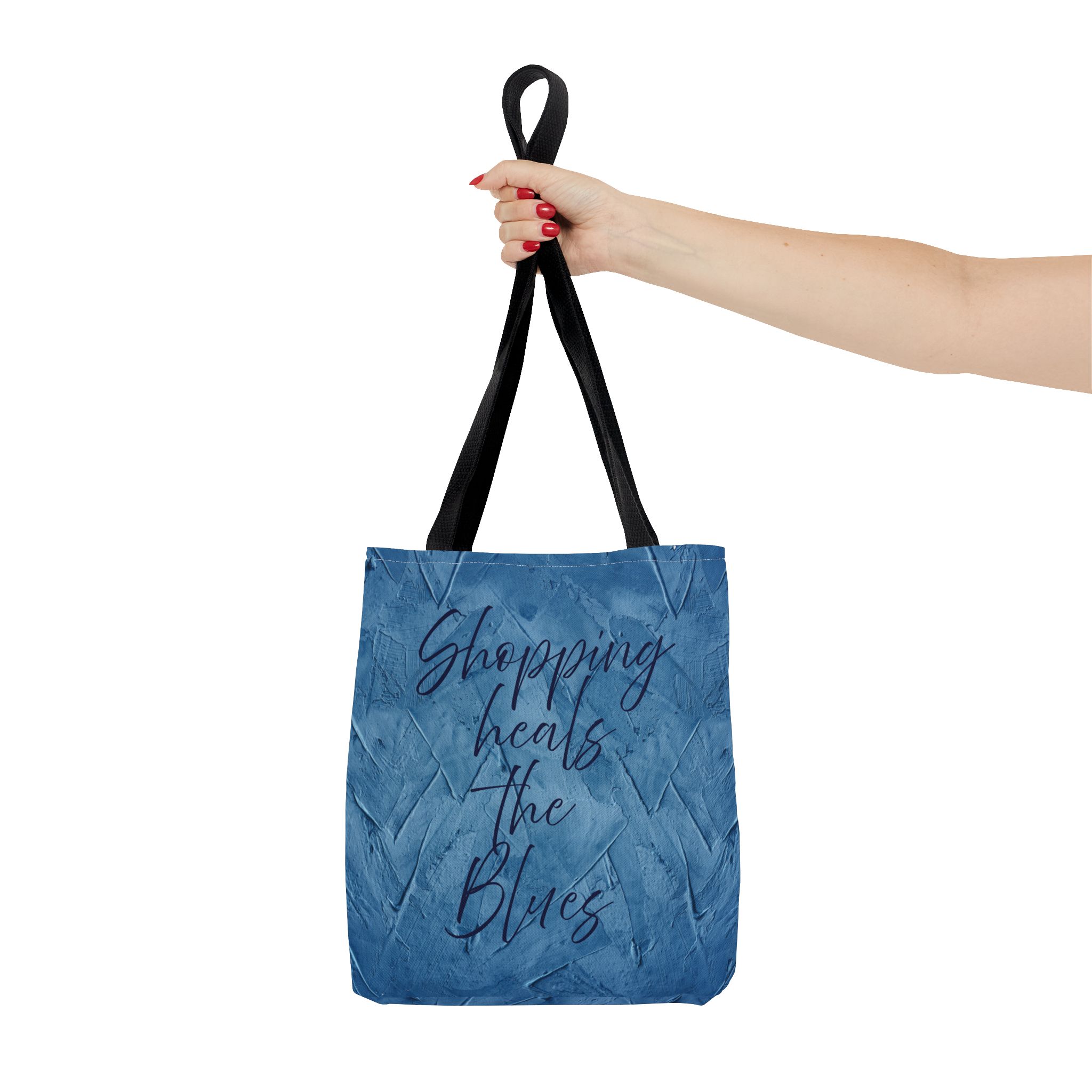Chic Blue Tote Bag - "Shopping Heals the Blues" Inspirational Quote, Stylish Shopping Tote, Reusable Canvas Bag, Everyday Carry-All - Image 4