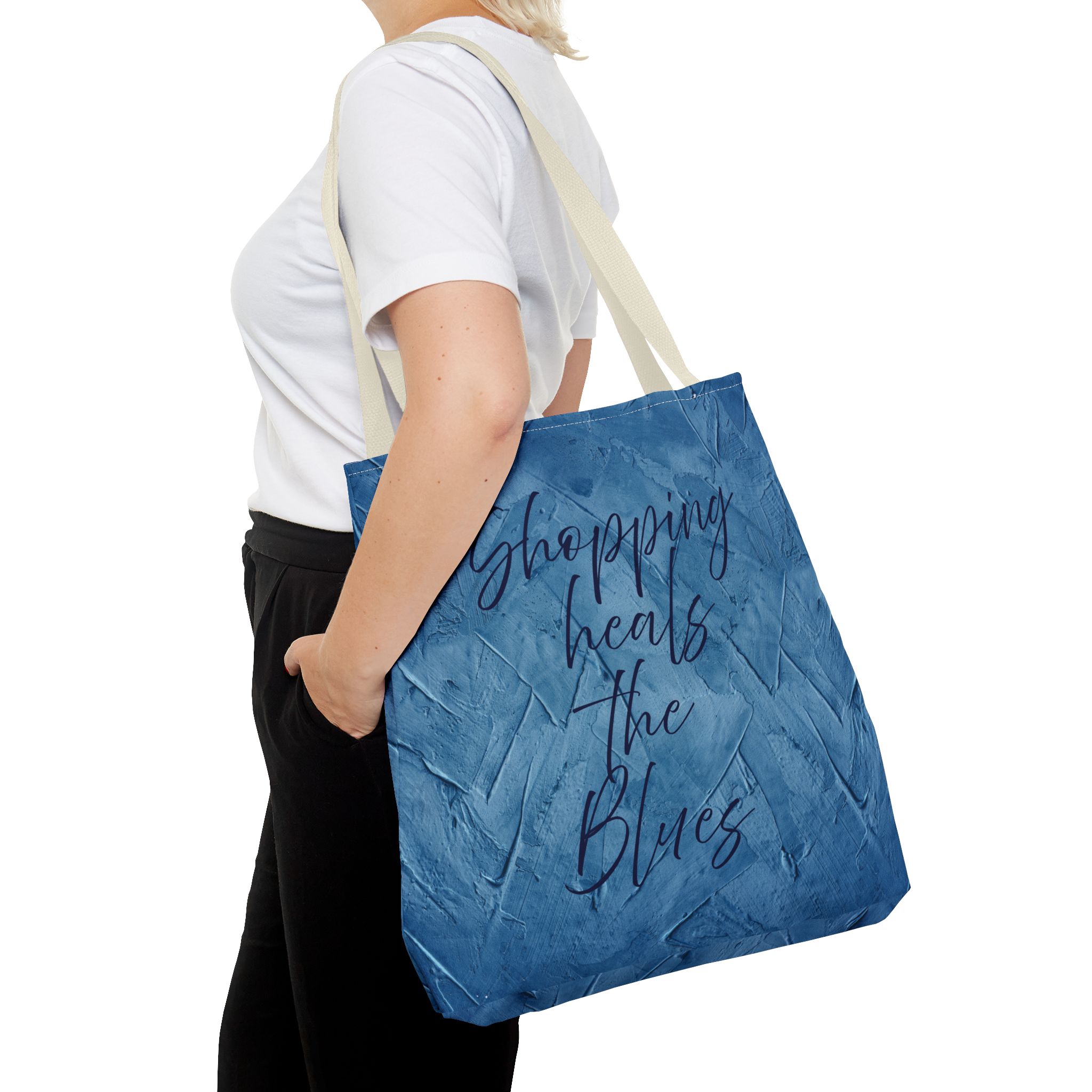 Chic Blue Tote Bag - "Shopping Heals the Blues" Inspirational Quote, Stylish Shopping Tote, Reusable Canvas Bag, Everyday Carry-All - Image 33