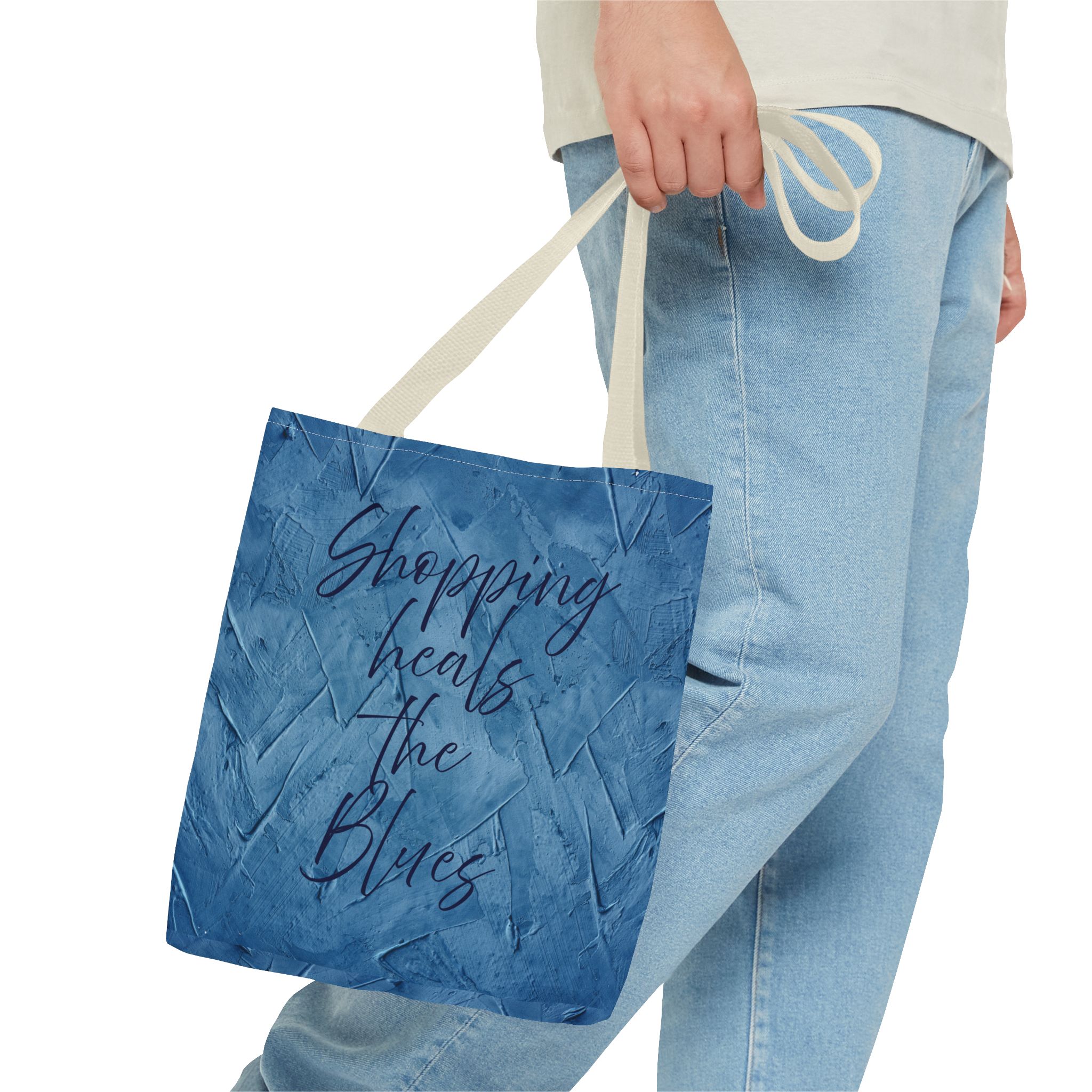 Chic Blue Tote Bag - "Shopping Heals the Blues" Inspirational Quote, Stylish Shopping Tote, Reusable Canvas Bag, Everyday Carry-All - Image 24