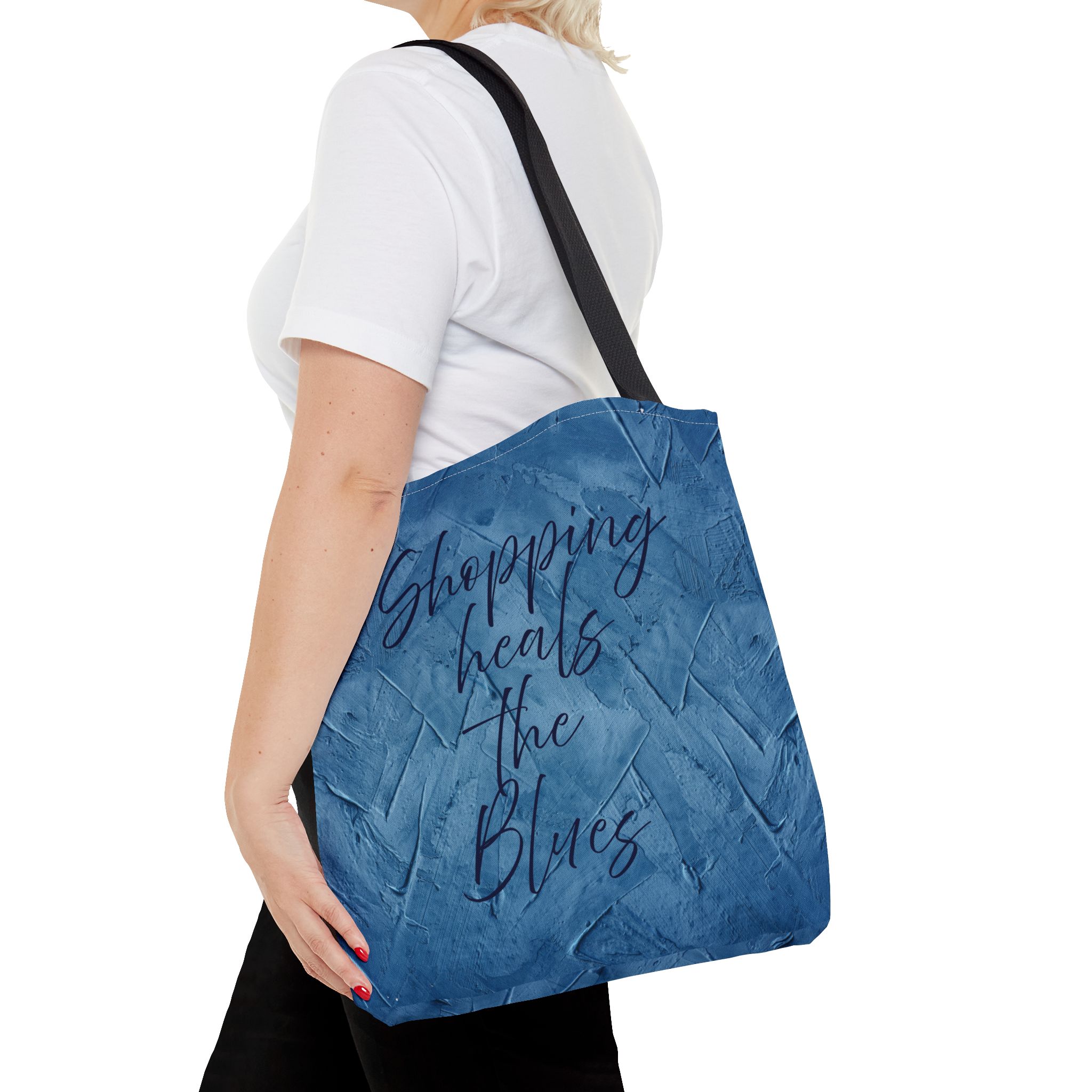 Chic Blue Tote Bag - "Shopping Heals the Blues" Inspirational Quote, Stylish Shopping Tote, Reusable Canvas Bag, Everyday Carry-All - Image 8
