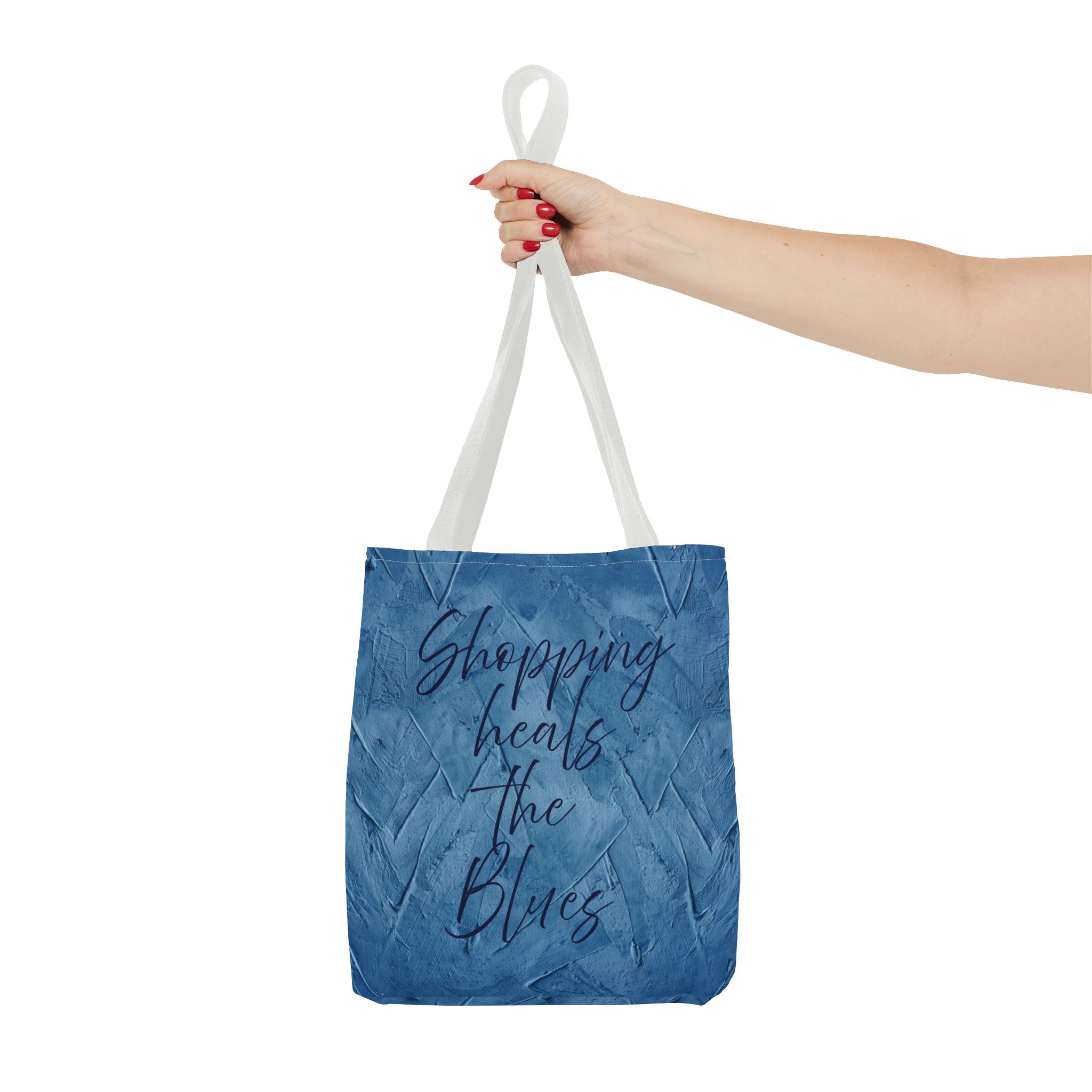 Chic Blue Tote Bag - "Shopping Heals the Blues" Inspirational Quote, Stylish Shopping Tote, Reusable Canvas Bag, Everyday Carry-All - Image 16