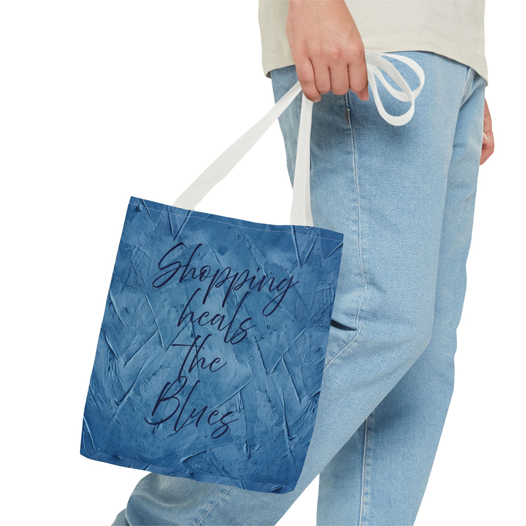 Chic Blue Tote Bag - "Shopping Heals the Blues" Inspirational Quote, Stylish Shopping Tote, Reusable Canvas Bag, Everyday Carry-All - Image 15
