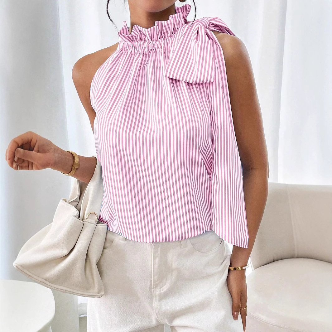 Casual Sleeveless Striped Turtleneck Ladies Top