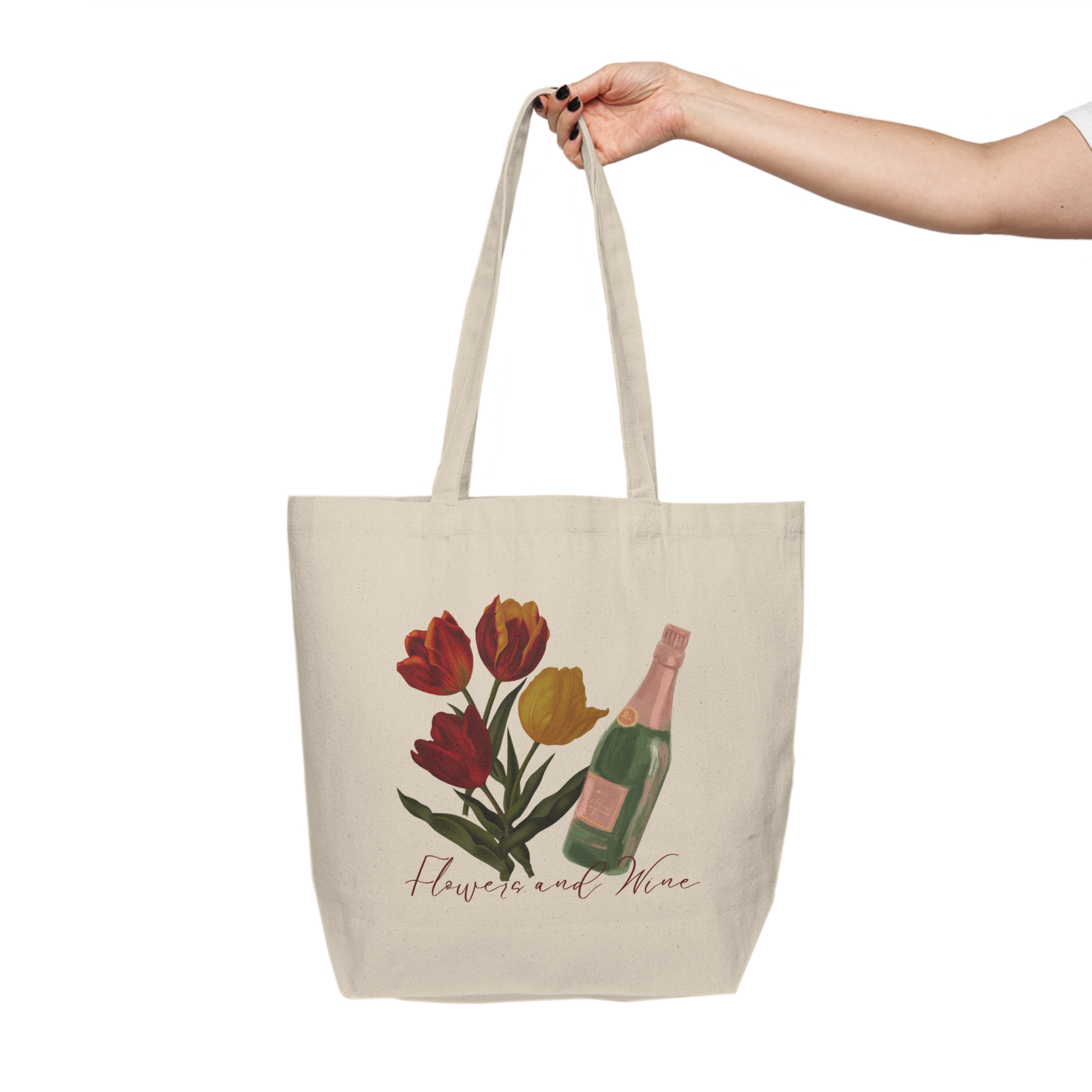 Floral Canvas Tote Bag, Eco-Friendly Shopping Tote, Gift for Wine Lovers, Cute Flower Tote, Versatile Grocery Bag, Stylish Party Tote - Image 4