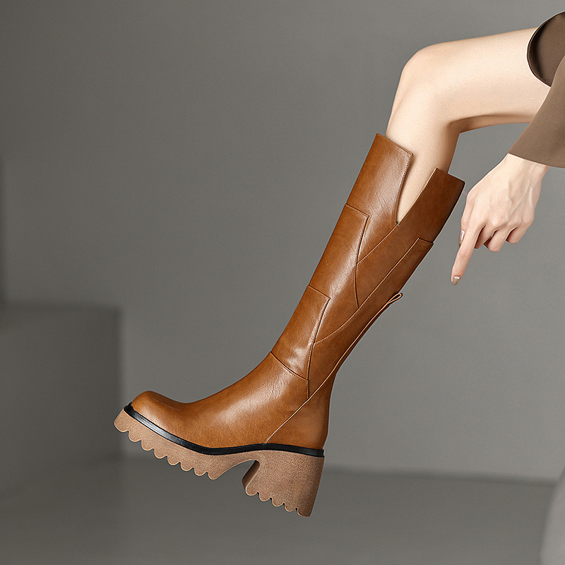 Brown Women's Platform Below The Knee Boots - Image 5