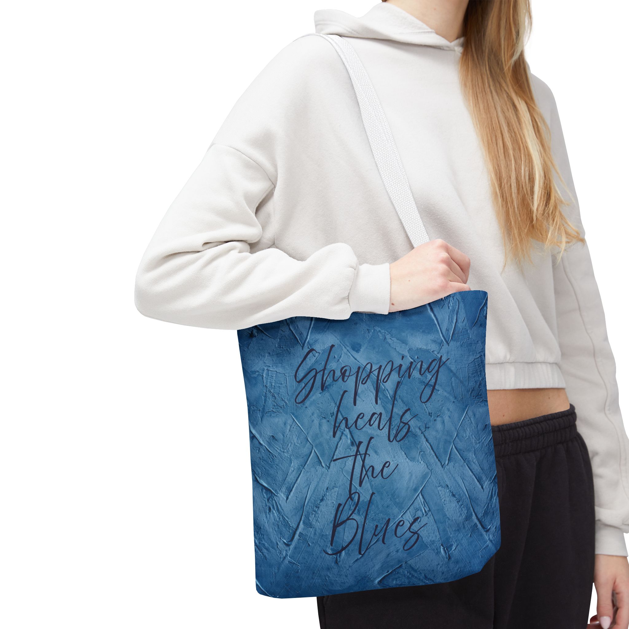 Chic Blue Tote Bag - "Shopping Heals the Blues" Inspirational Quote, Stylish Shopping Tote, Reusable Canvas Bag, Everyday Carry-All - Image 18