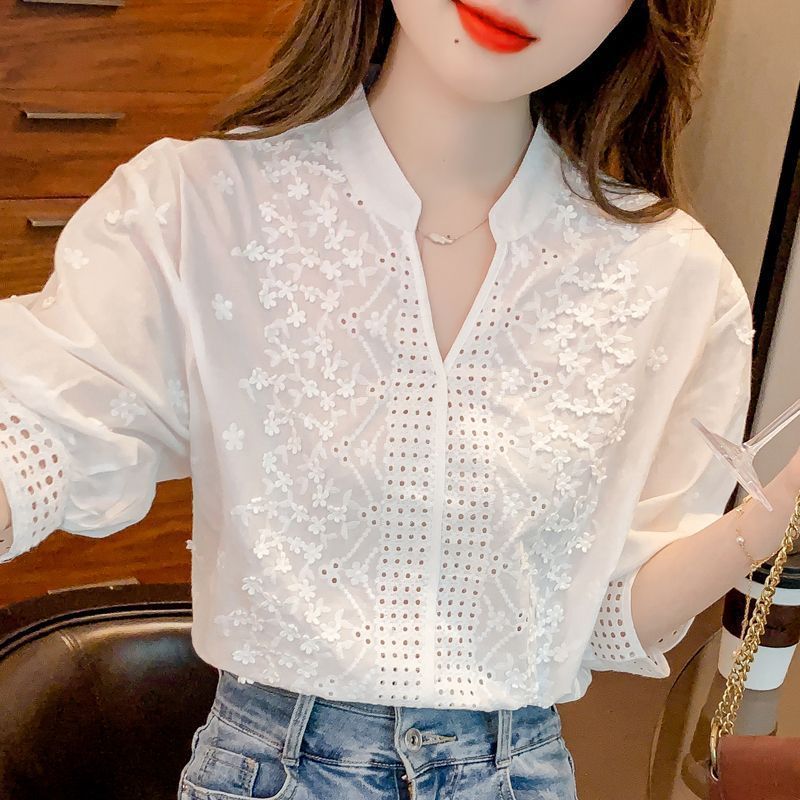 Hollow Out Embroidered Stand Collar Fashion Tops